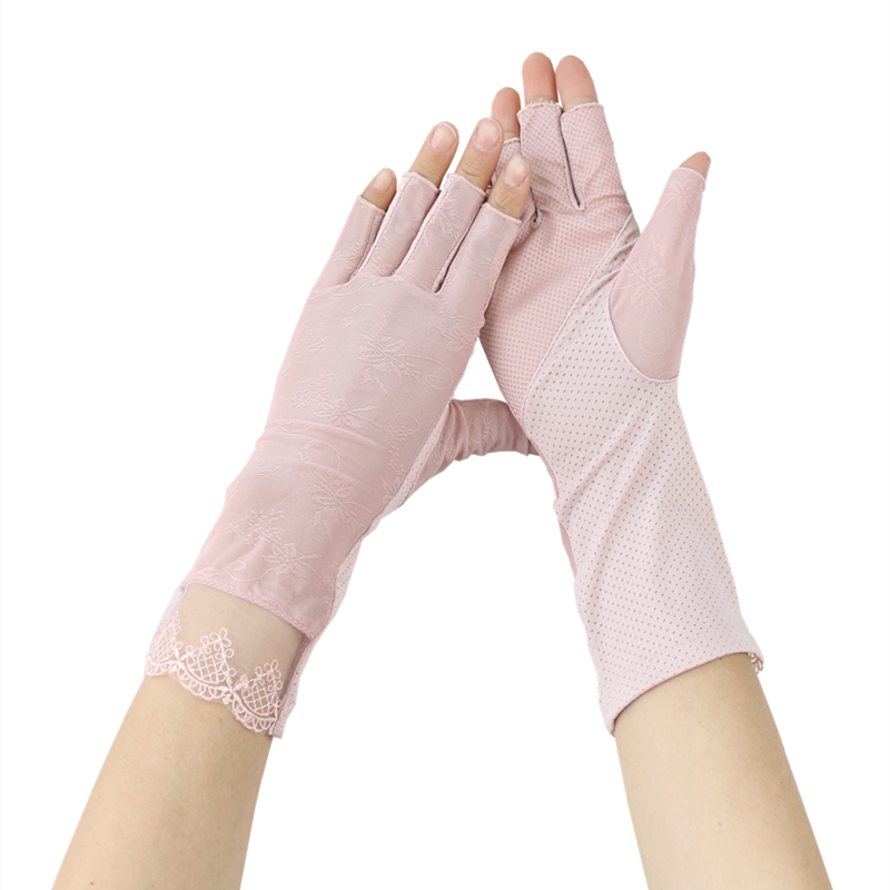 蕾丝护手美甲驾驶骑行开车护袖露指冰丝中长手套