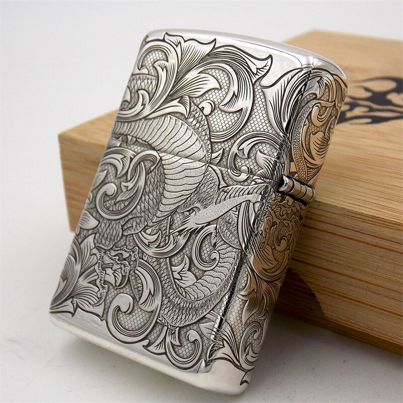 盔甲原装zippo防风打火机蚊版蚊子唐草龙纯银纯银zippo