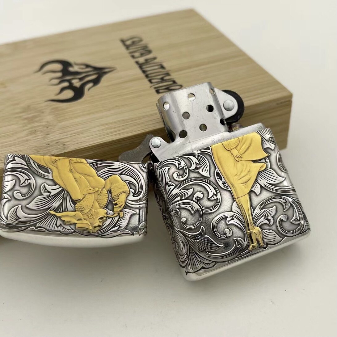 zippo防风打火机蚊版纯银盔甲镶金24k风中女郎正品zippo