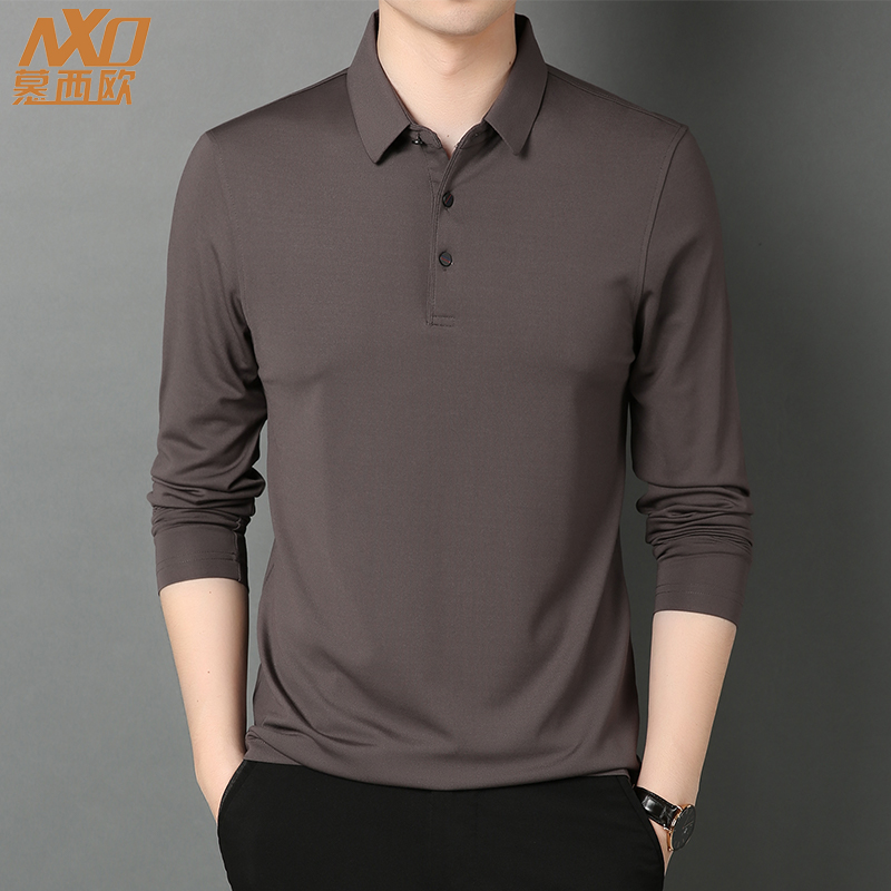 春季桑蚕丝长袖T恤男透气休闲潮流衬衣中青年百搭薄款翻领Polo衫