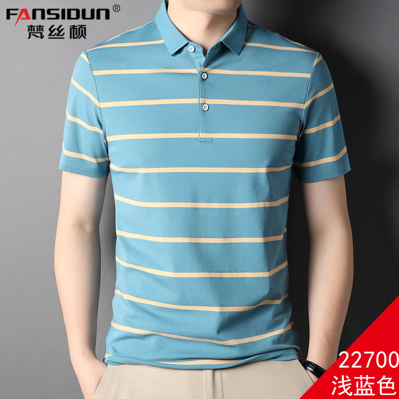 纯棉衫青领上半袖夏季中年polo条纹简单领子t恤