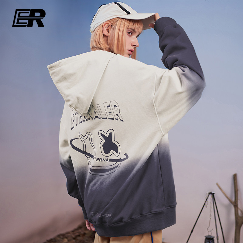 设计感 情侣装 国潮牌字母印花连帽卫衣男渐变色宽松帽衫 er春秋款