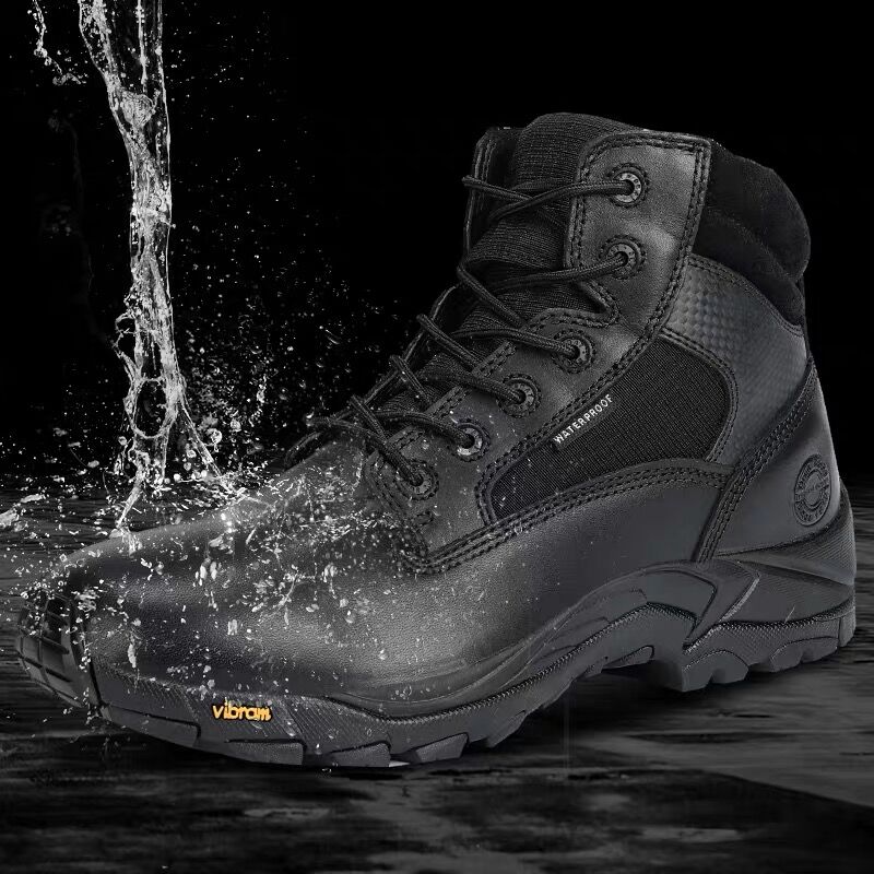 君洛克防水战术靴男士冬季防静电真皮作战靴中帮黑色户外靴D19005