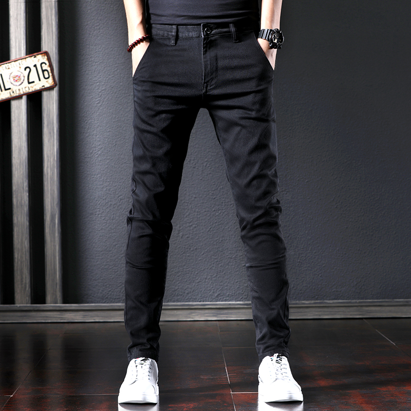 秋冬款黑色牛仔裤男潮牌修身小脚裤韩版潮流百搭冬季休闲加绒裤子