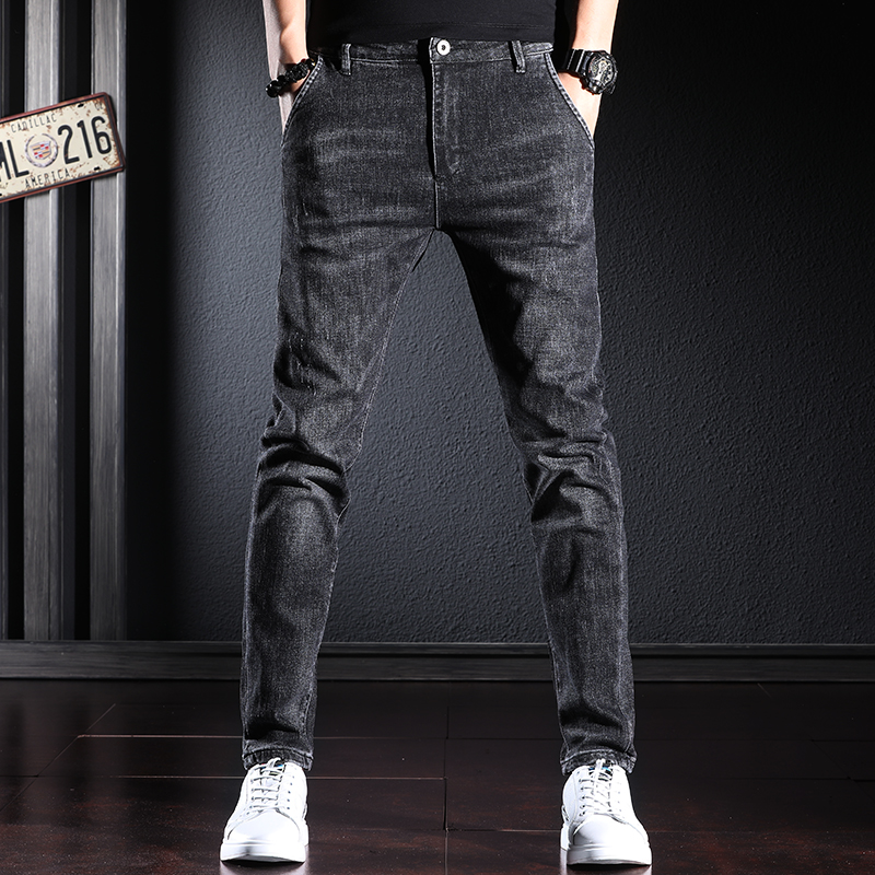 春夏季薄款黑灰色男士休闲牛仔裤潮牌修身小脚裤韩版潮流百搭裤子