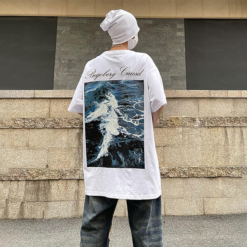 MMGJ高街夏季风景画T恤复古嘻哈纯棉小众宽松短袖上衣男女潮情侣