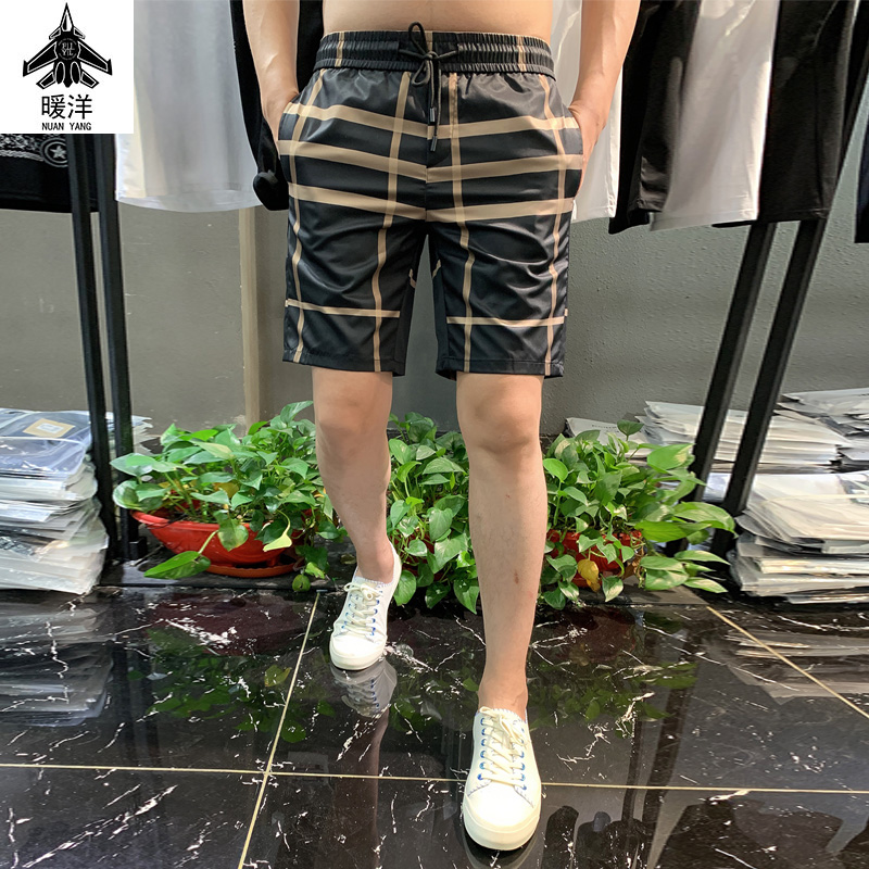 2022夏新款时尚修身条纹格子男装短裤潮流中裤松紧带男休闲沙滩裤