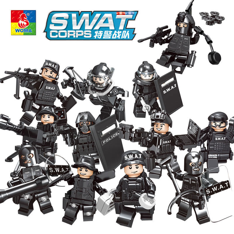 沃马积木乐高玩具男孩益智智力拼装特警小颗塑料积木