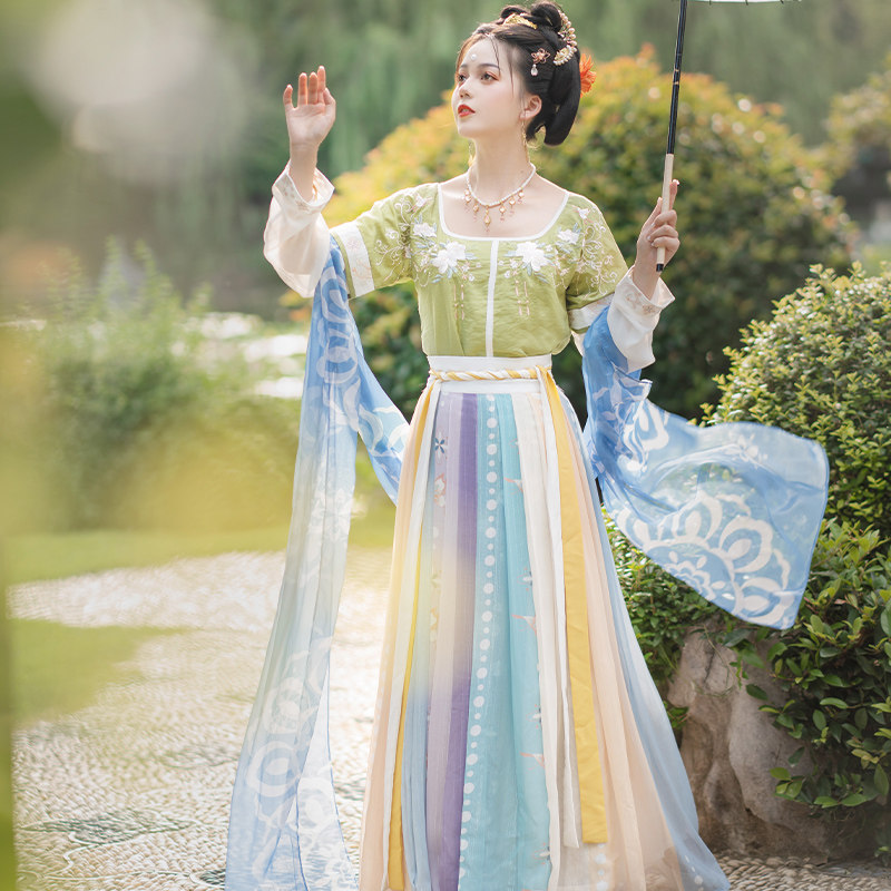 夏时墨子原创汉服女坦领三件件套中国国风一片汉服