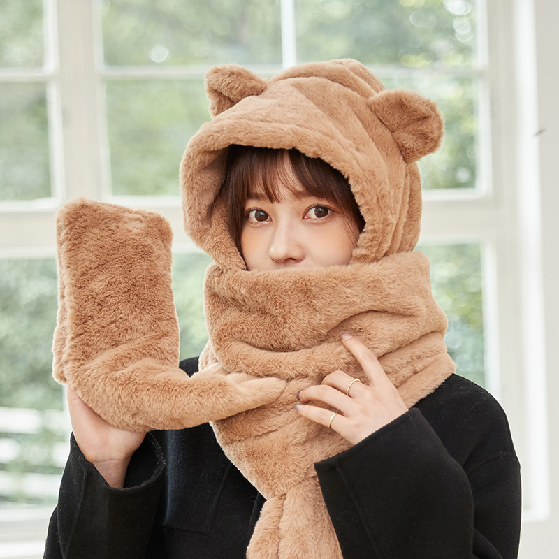 小熊围巾女冬季围脖耳罩帽子百搭韩版可爱连帽围巾毛绒护耳朵帽子