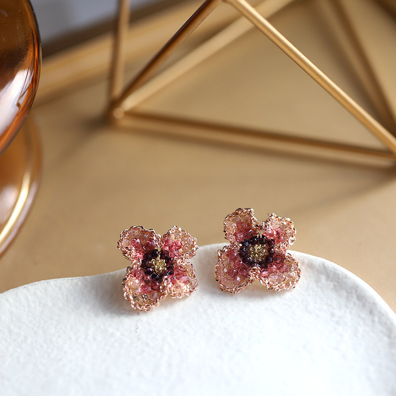 小众设计高级粉色镶嵌水晶水晶花花朵耳钉甜美耳钉