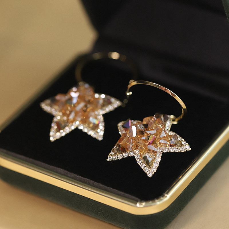 抖音音爆星星耳环气质轻奢渐变香槟色星空五角星耳环