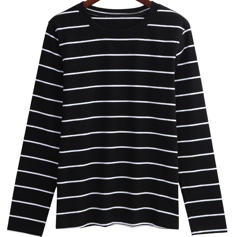 长袖t恤女2018秋装新款韩版宽松显瘦大码打底衫上衣服潮黑白条纹