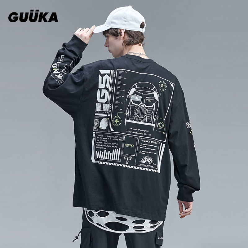 GUUKA潮牌黑色长袖T恤男春季 学生嘻哈后背印花圆领纯棉长T恤宽松