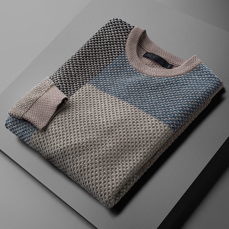 TXV秋冬季加厚款保暖撞色织毛衣男长袖圆领套头保暖修身针织衫男