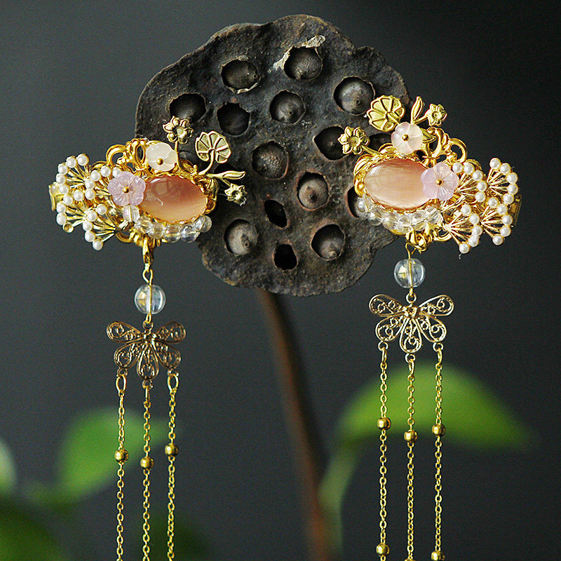 汉服猫眼石长流苏对夹头饰金色银色古风发夹花朵发饰古典明制边夹