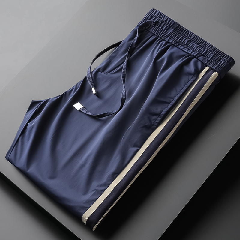 轻奢品质侧边织带冰丝速干裤男休闲小脚修身松紧卫裤男蓝色运动裤
