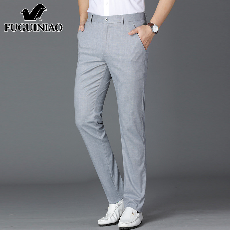 富贵鸟休闲裤子男款夏季潮牌冰丝大码长裤修身直筒亚麻商务西裤男