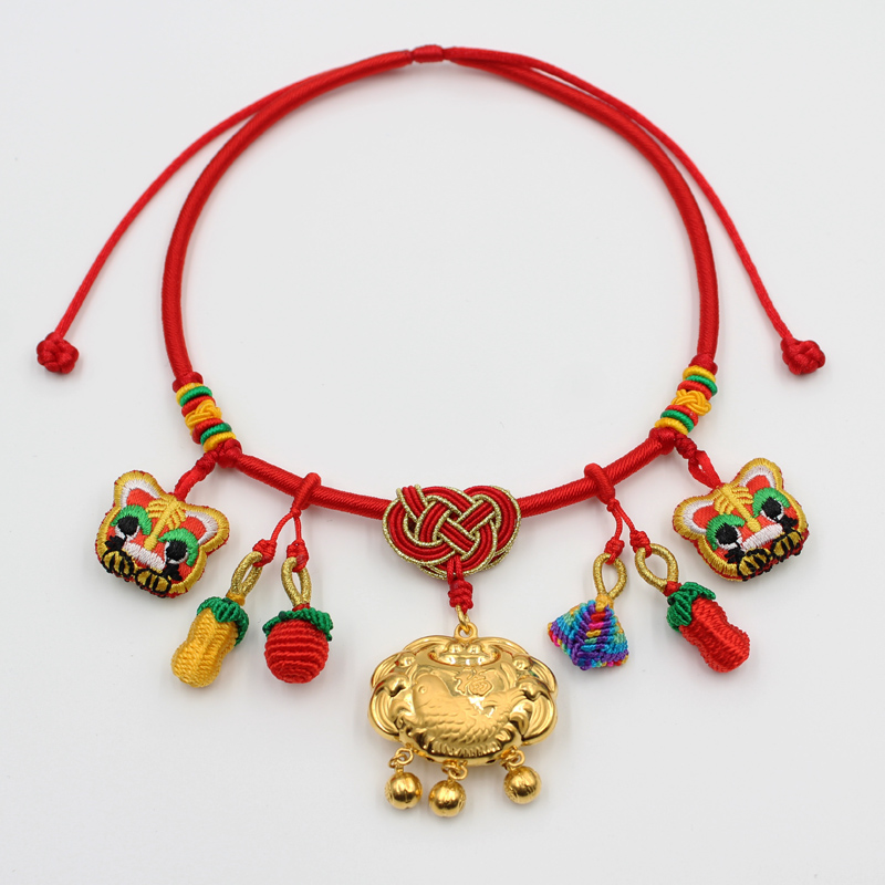 乔麦手工编织项圈宝宝长命金锁绳项链百岁红绳绳