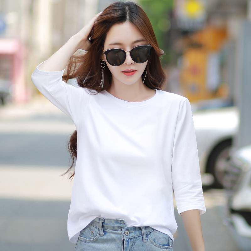 白色七分袖t恤女士五分上衣中袖打底衫夏季体恤宽松百搭2022新款