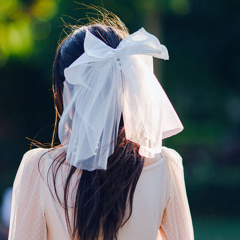 缎布蝴蝶结单层短款小头白色珍珠婚纱婚礼头饰头纱