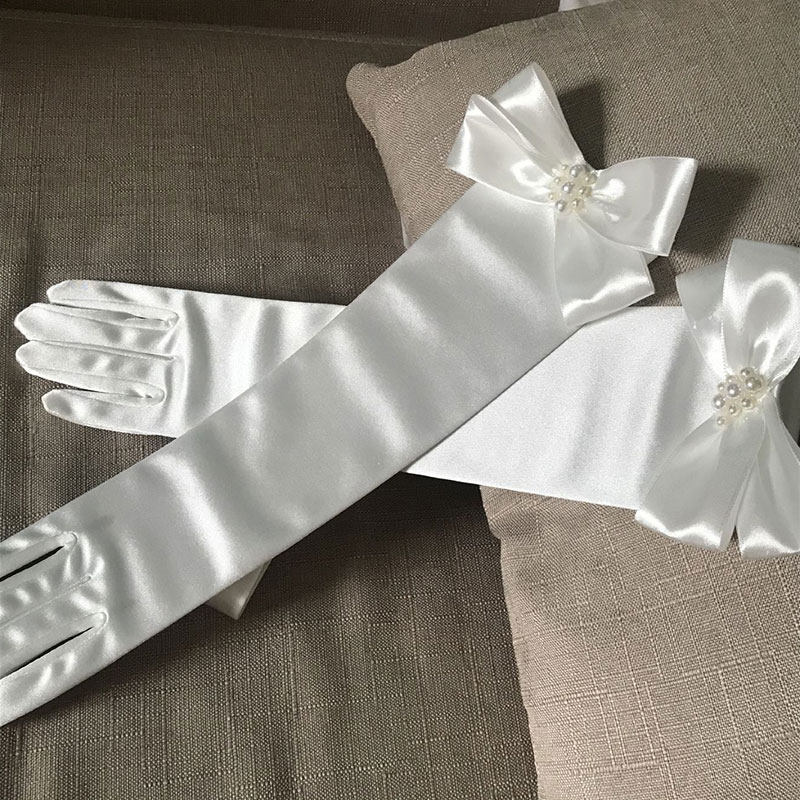 手套新娘长款婚纱礼服全指缎面保暖白色拍照有指婚纱手套