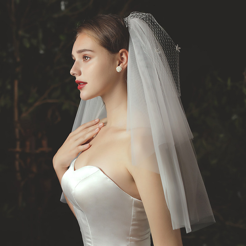 新娘头纱网格遮面短款双层素纱白色婚纱纱头头纱