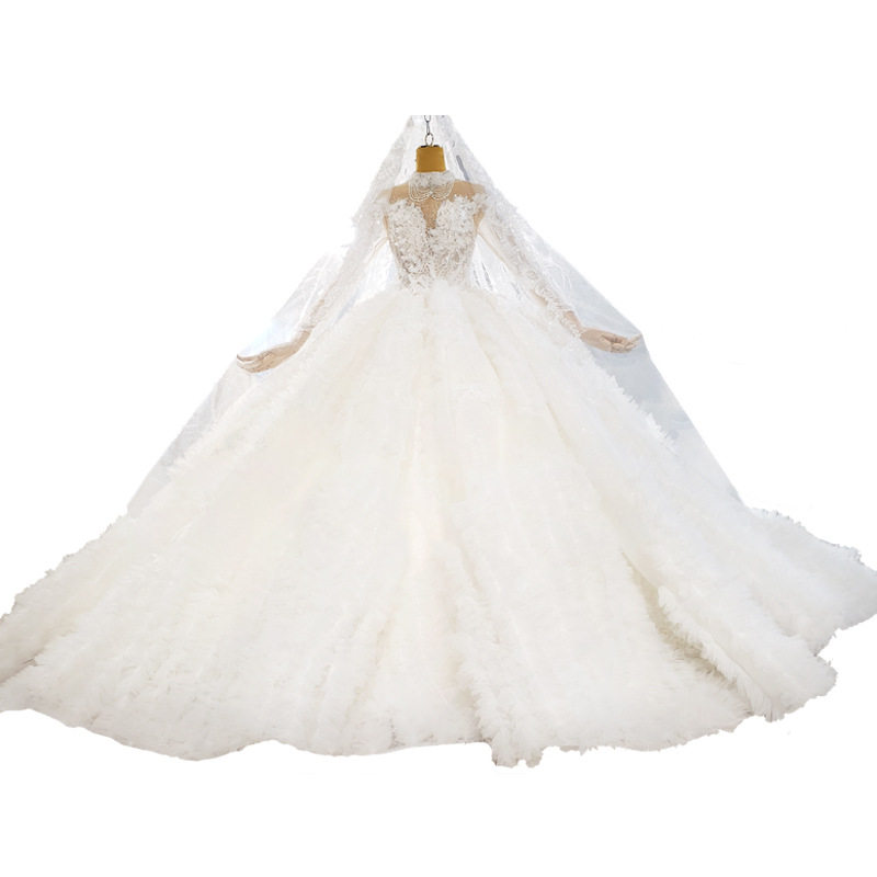 新款镂空婚纱拖尾身长修身高腰羽毛花朵欧美孕妇婚纱