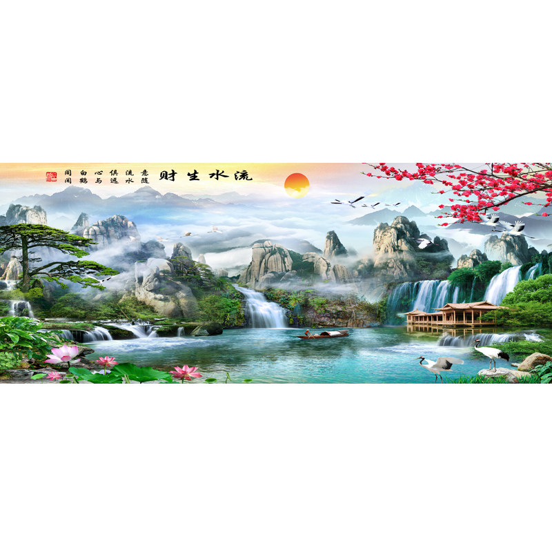 蒙娜丽莎2019十字绣风景山水画流水生财风水新款客厅线绣大幅满绣