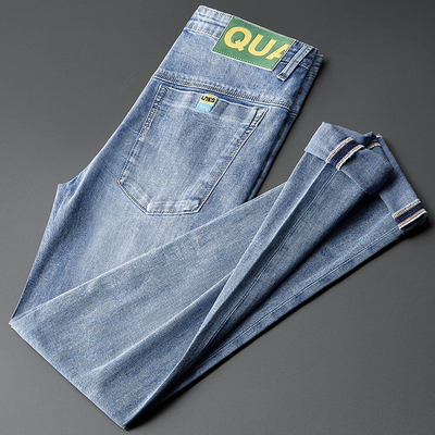 2022年新款夏季浅蓝色牛仔裤男薄款潮牌刺绣长裤韩版休闲小直筒裤