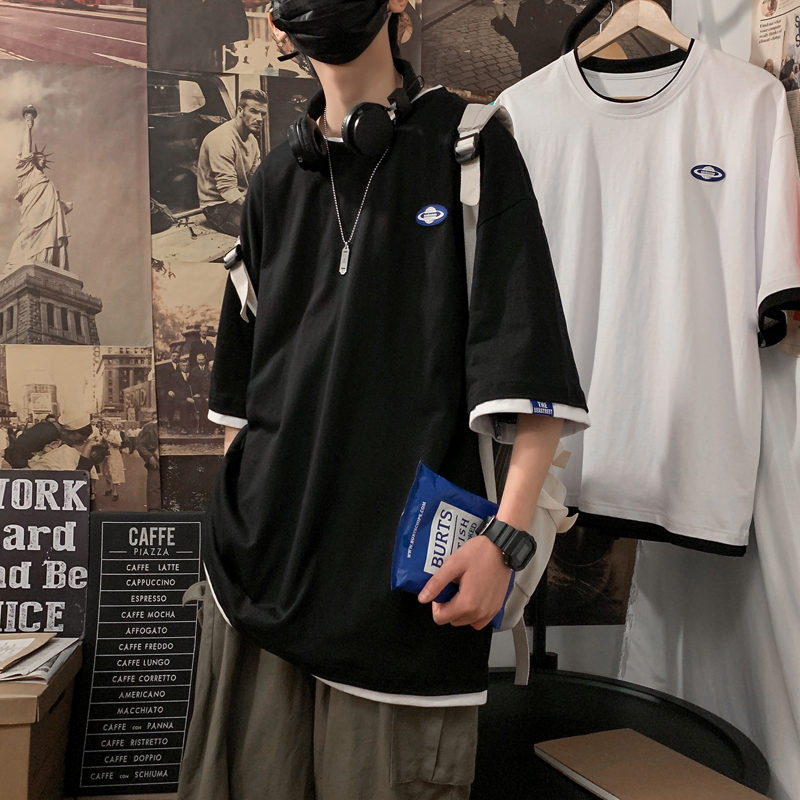 ins假两件短袖T恤男潮流韩版宽松嘻哈高街百搭体桖半袖衫篮球上衣