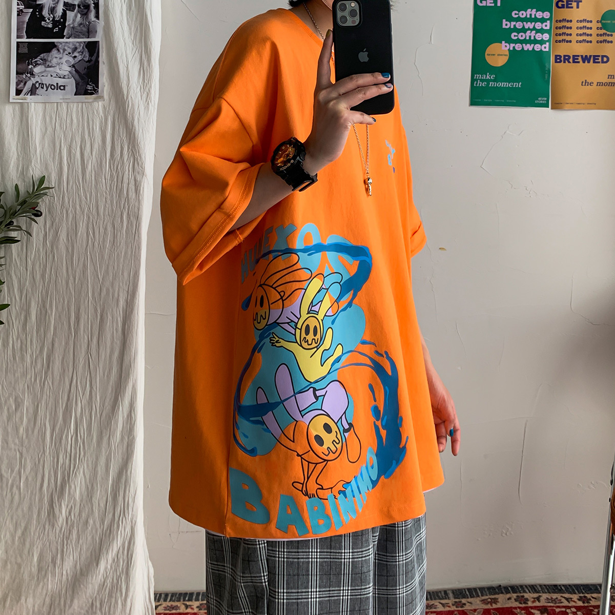 夏季橙色短袖男潮流韩版薄款涂鸦T恤宽松大码嘻哈港风ins帅气上衣
