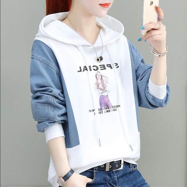 Cowboy stitching plus size sweater women's 2020 new autumn and winter hooded Korean loose top simple short sleeved women Cowboy stitching plus size sweater women's 2020 new autumn and winter hooded Korean loose top simple short sleeved women
