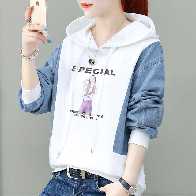 Cowboy stitching plus size sweater women's 2020 new autumn and winter hooded Korean loose top simple short sleeved women Cowboy stitching plus size sweater women's 2020 new autumn and winter hooded Korean loose top simple short sleeved women