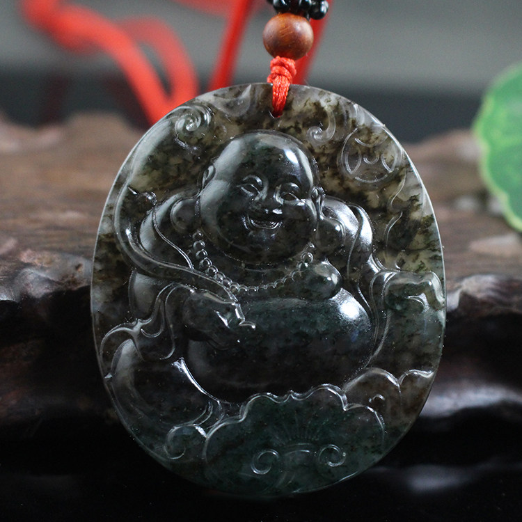 天然酱色独山玉佛公挂坠玉弥勒挂件颈饰