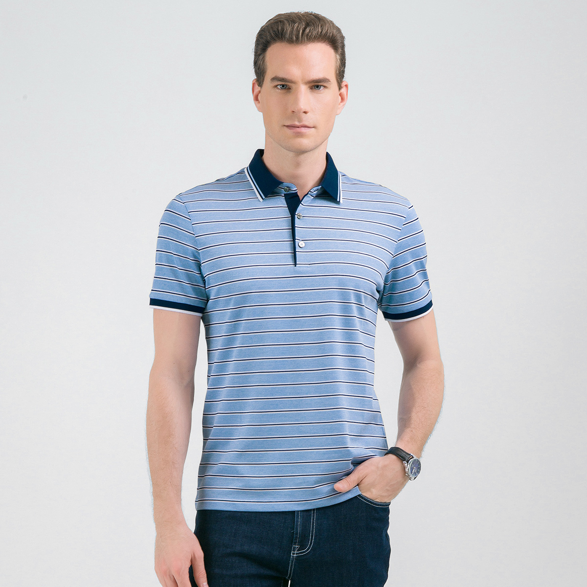 短袖恤男lawsiton品牌男装桑蚕蚕丝保罗polo条纹t恤