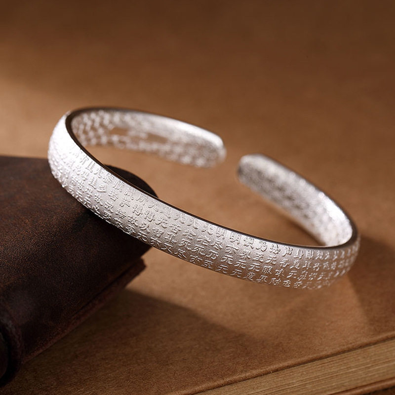 s999足银纯银复古磨砂亮面素银心经文艺简约手镯
