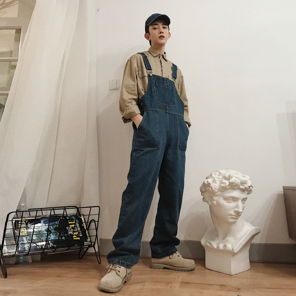hos很酷的牛仔背带裤自制阔腿裤男生嘻哈ins同款四季都可穿吊带裤