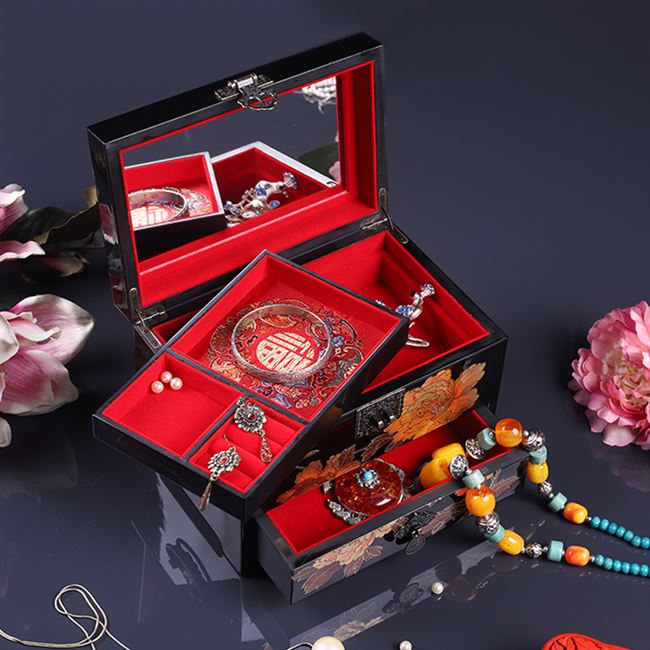 漆器手绘工艺首饰盒古风妆奁盒嫁妆古典梳妆盒中首饰盒