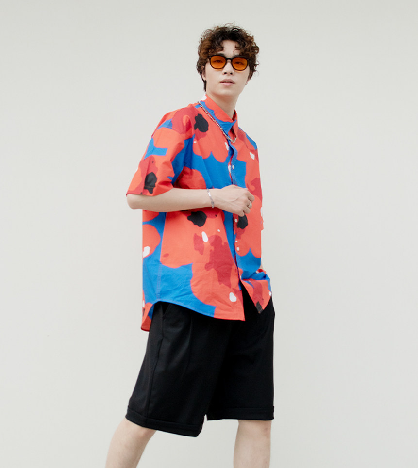 集外拾衣2021ss新款青春流行蓝橙橙色花卉图案衬衫