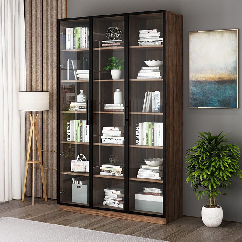 实木书柜带玻璃门落地现代简约整墙书架定制书房置物全墙北欧书橱