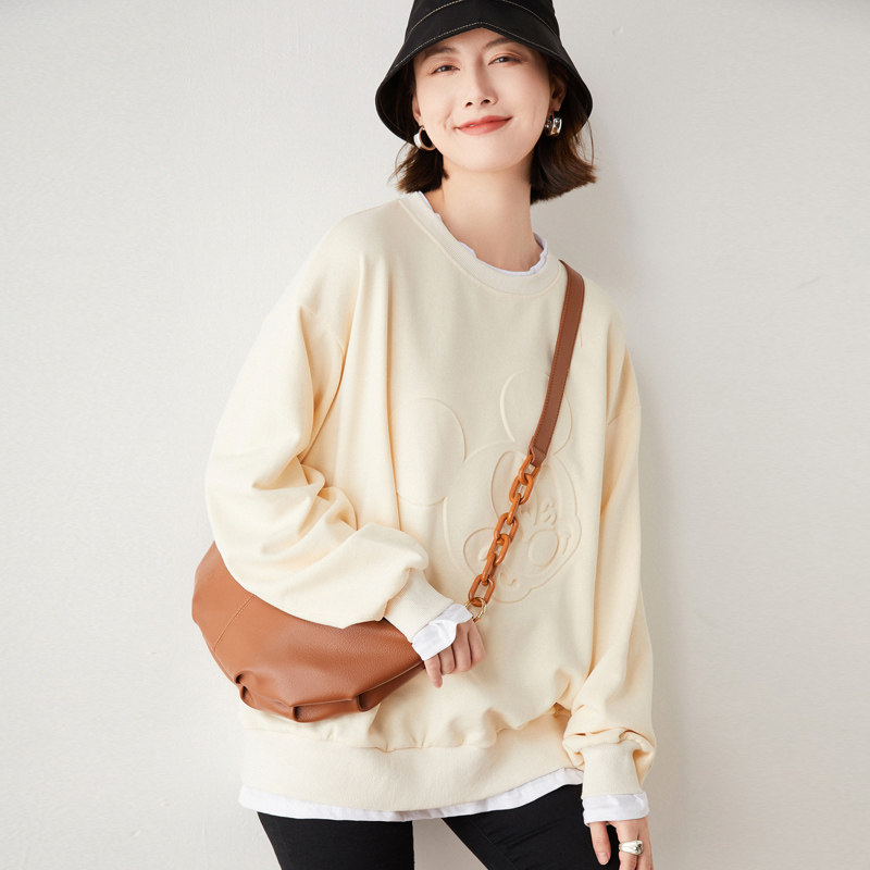 落肩圆领纯棉卫衣女宽松松显套头上衣3d钢印卫衣