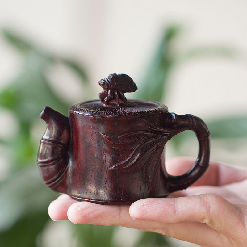 印度小叶紫檀手把壶老料同料带金星手工雕刻松竹梅壶三件套孤品