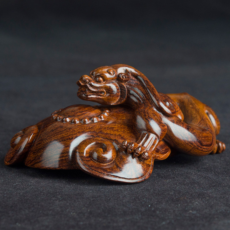 海南黄花梨如意貔貅手把件老油梨虎皮纹湘雕刻摆件