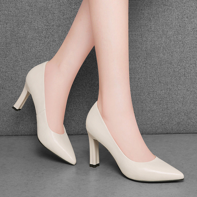 白色真皮高跟鞋女鞋细跟春秋2021年新款时尚职业单鞋