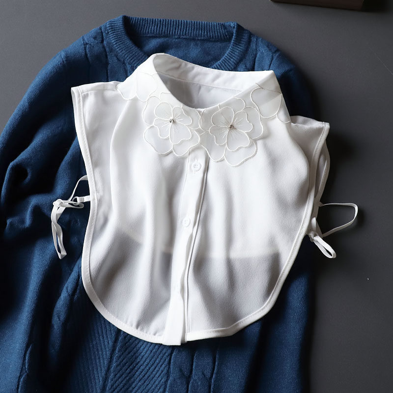 熊熊谷精美秋冬衣领内搭女士领子刺绣花朵珠假假领