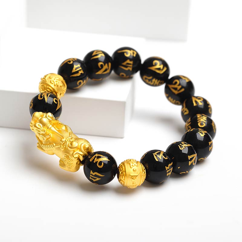 六字路路通皮丘硬金3d转运真言足金麒麟手链手饰