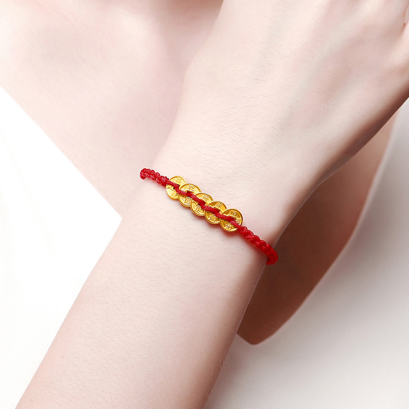 足金五帝黄金转运手链3d硬金铜钱串珠钱币手饰