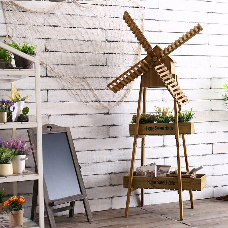 田园木质风车置物架家居阳台装饰品摆件创意客厅庭院落地花架摆设
