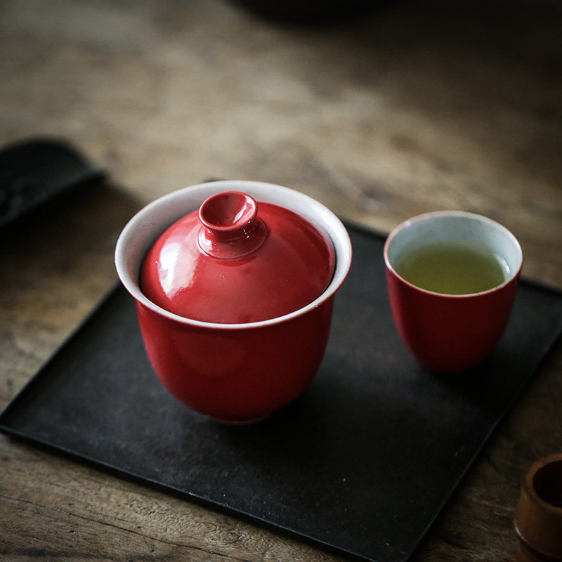 盖碗手工红色盖碗茶茶杯景德镇陶瓷泡茶茶碗功夫功夫茶盖碗